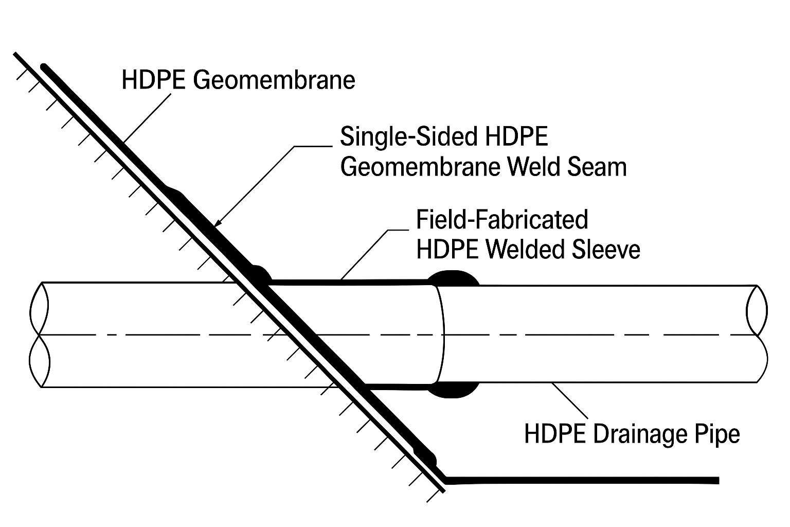 Diagram showing the anatomy of a pipe boot connection: pipe, extrusion weld, boot sleeve, boot flange, and hot-wedge weld