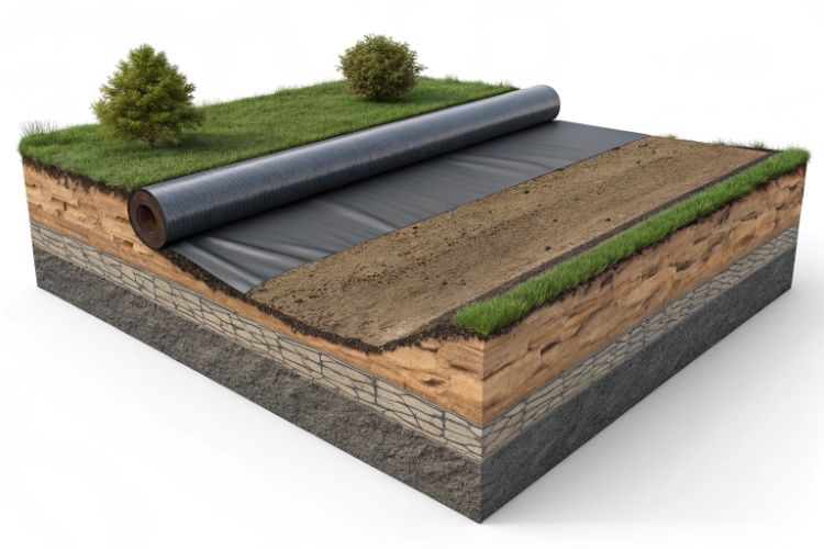 A side-by-side comparison showing an unprotected geomembrane with scratches versus one protected by a geotextile