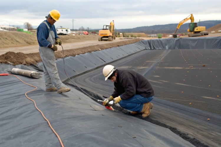 A properly completed geomembrane installation with a protective soil cover being applied