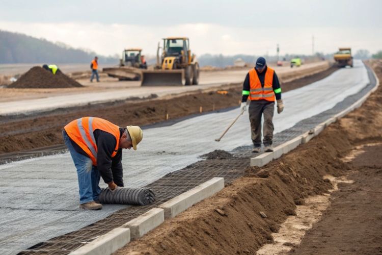 Rolls of woven geotextile fabric at a construction site for soil separation
