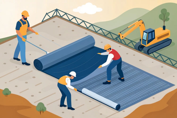 Technicians installing a large, flexible PVC geomembrane liner in a reservoir