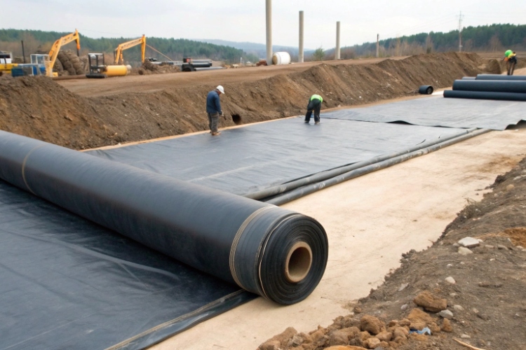 A roll of thin 0.5mm HDPE geomembrane being unrolled by hand at a small pond project