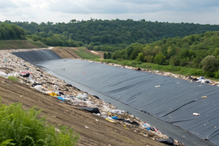 A cross-section diagram of a modern landfill liner system showing the HDPE geomembrane layer