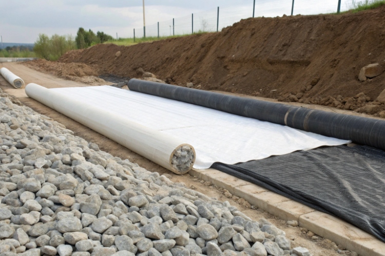 A technician in a lab performing a static puncture (CBR) test on a geotextile sample