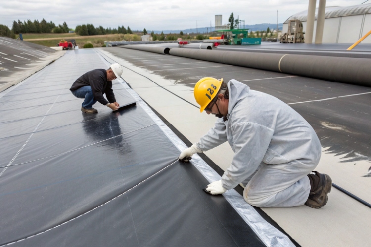 A clean and properly aligned overlap of two PVC geomembrane sheets ready for welding