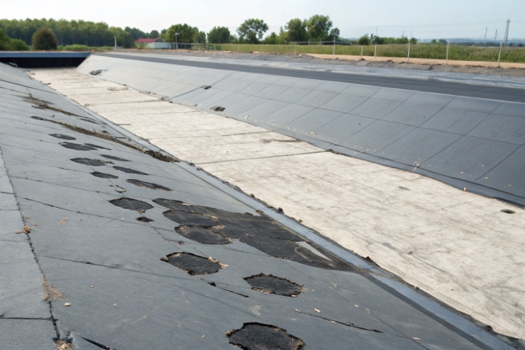 Collage showing different types of geomembrane damage: a seam split, a puncture, and UV cracking