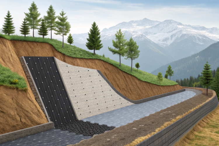 An animated diagram showing a composite geomembrane flexing to accommodate ground settlement without damage
