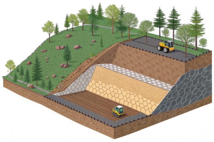 A cross-section of a landfill base showing a "two-fabric, one-membrane" composite as the primary liner
