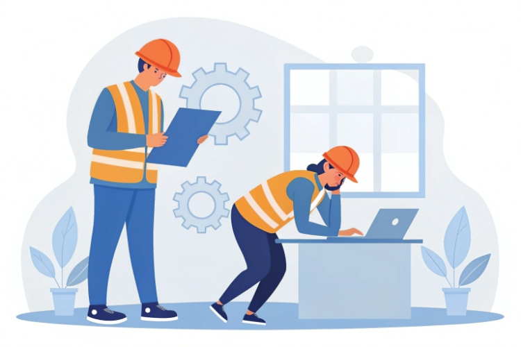 An engineer on a construction site reviewing a set of documents (CQA plan, MQC reports) with a backdrop of geomembrane installation