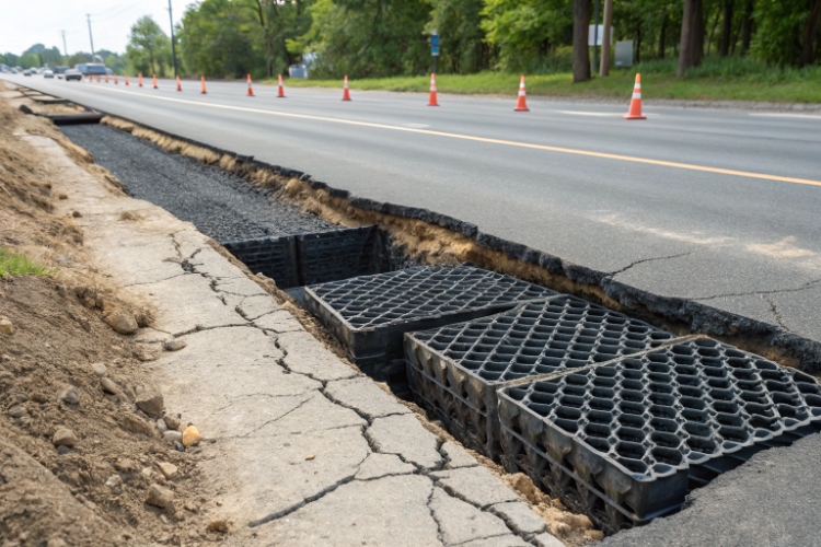 A completed and vegetated geocell slope, showing a long-term, stable solution
