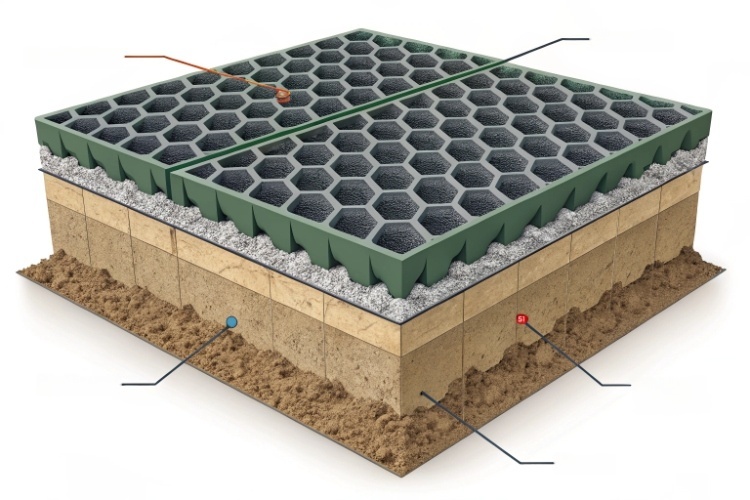 A diagram illustrating the 'mattress effect' of geocells spreading a load over weak soil