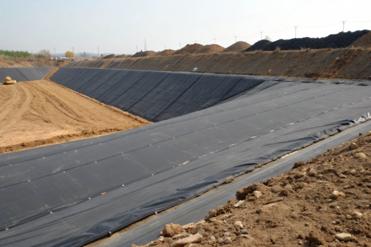 Close-up of a hot-wedge welder creating a secure seam between HDPE geomembrane sheets