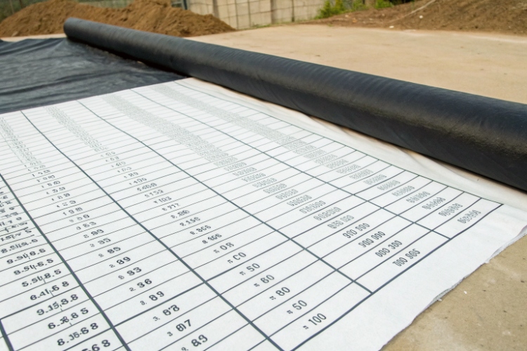 A geomembrane sample being stretched in a tensile testing machine