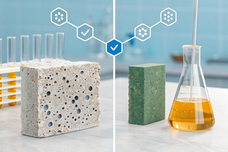 A diagram showing a small puncture in an HDPE liner allowing a jet of liquid through, contrasted with a GCL swelling to seal a similar puncture
