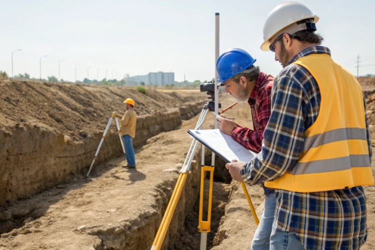A geotechnical engineer examining a soil sample on-site to determine subgrade conditions