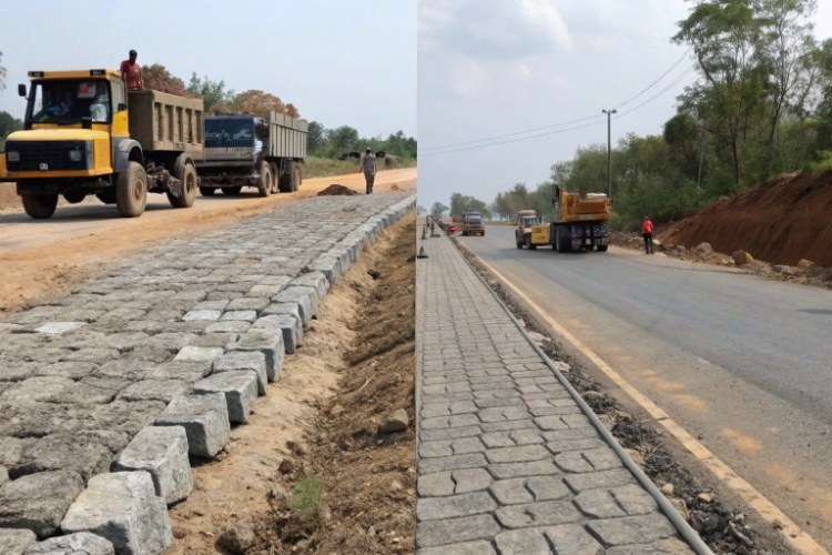 A graph showing the cumulative maintenance costs over 25 years for a traditional road vs. a much lower cost for a geocell-reinforced road