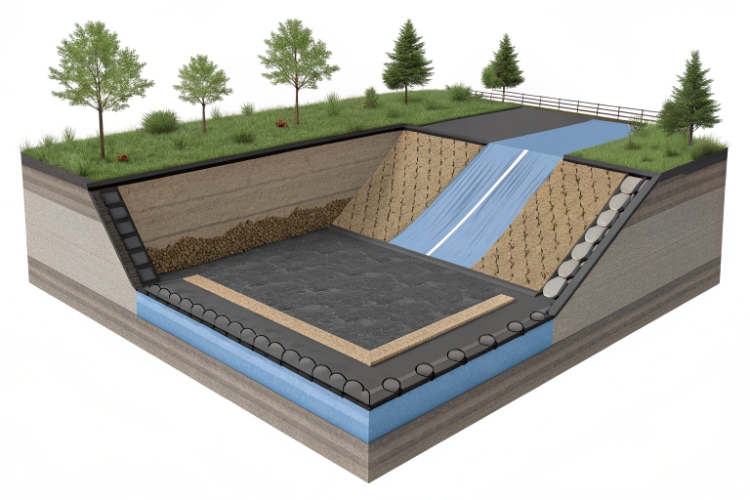 animation showing leachate being blocked by a geomembrane and collected in a drainage layer