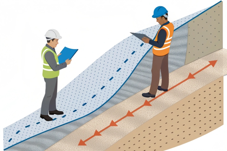 A diagram showing the forces on a slope, highlighting the critical role of the interface friction angle