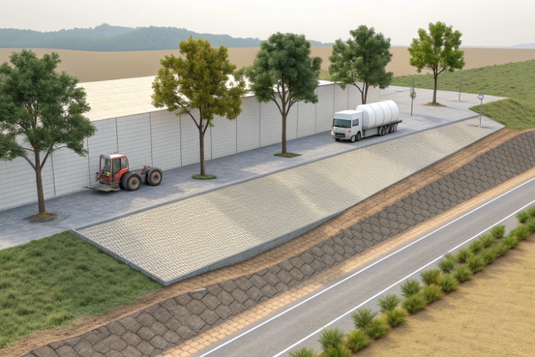 Completed access road built with a geotextile separation layer, showing a smooth, stable surface