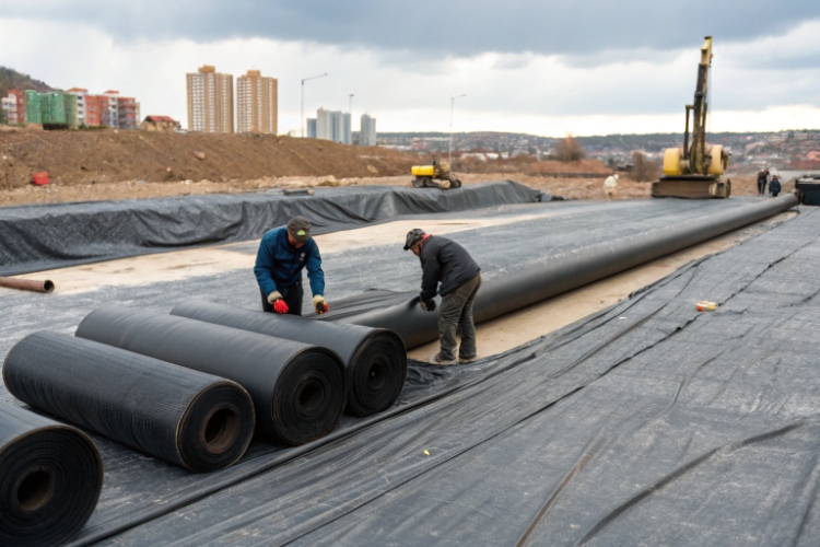Rolls of HDPE geomembrane stacked and ready for export shipment