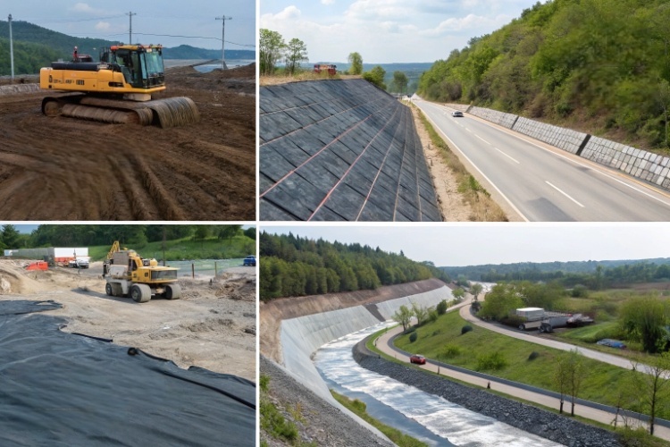 A graphic icon set representing the four main categories of geotextile applications: a road, a mountain slope, a water droplet, and a recycling symbol for environmental projects