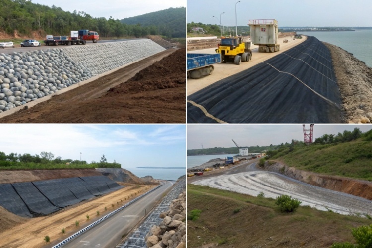 A collage of images showing heavy-duty geotextile being used in a container yard, under railway ballast, and on a steep slope for erosion control