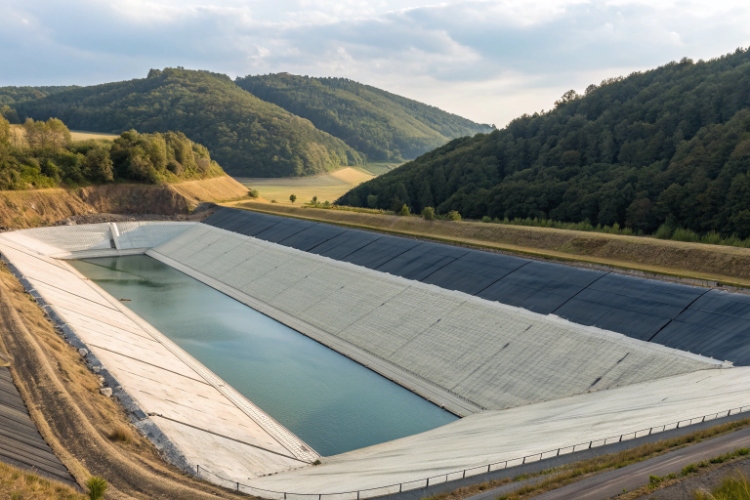 Two photos showing typical applications: a large, flat agricultural pond with a smooth liner and the steep side slope of a landfill with a textured liner