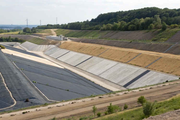 A detailed diagram of a landfill cross-section, showing different geotextile specifications in the base liner, slope, and final cover zones