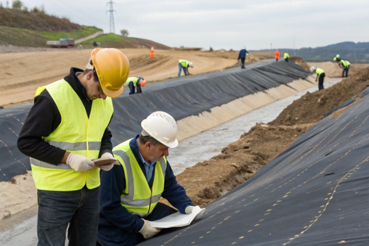 On-site technician using a tensiometer to test the strength of a geomembrane weld