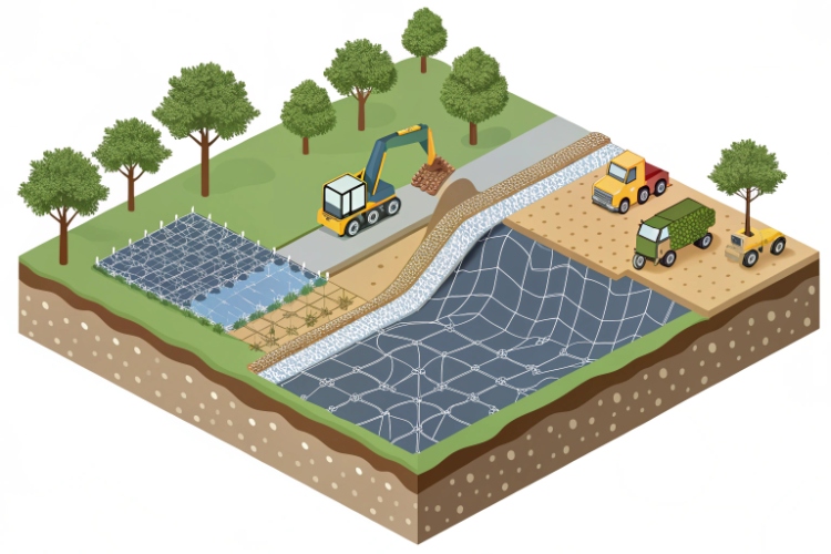 Various rolls of woven and nonwoven geotextiles ready for shipment at a factory