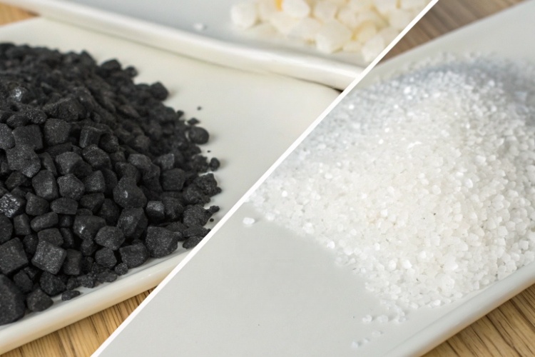 A side-by-side comparison of a new, high-quality virgin HDPE geocell and an old, cracked geocell made from recycled material