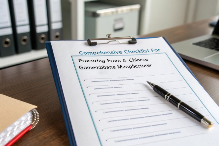 Engineers reviewing project plans and geomembrane specifications in a meeting