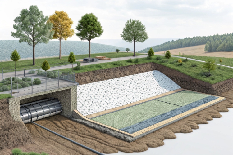 A thick nonwoven geotextile being installed as a protective layer for a geomembrane in a landfill