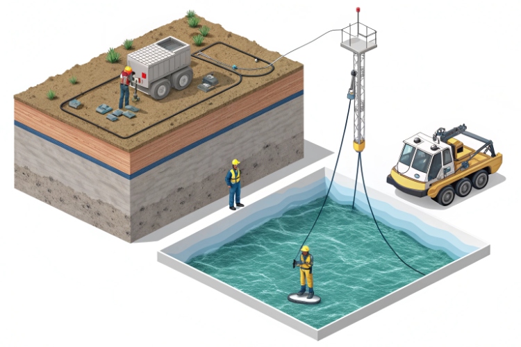 A technician performing an electrical leak location (ELL) survey on a geomembrane liner