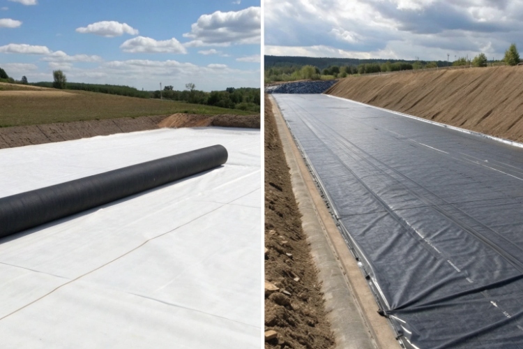 A cross-section diagram comparing the single layer of an HDPE liner to the layered structure of a composite liner (geotextile + HDPE core)