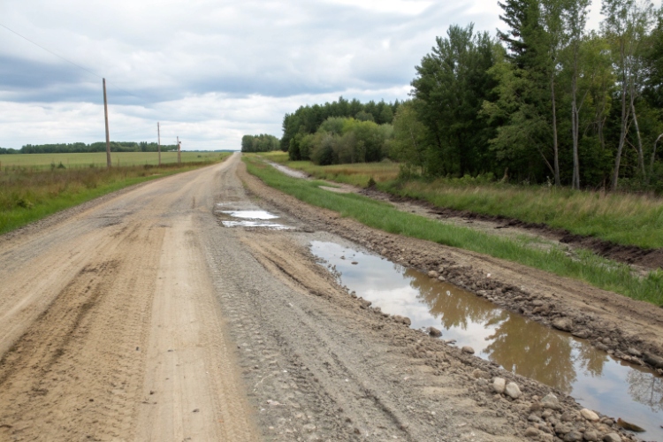A split image comparing a deeply rutted unreinforced gravel road with a smooth, stable geocell-reinforced road