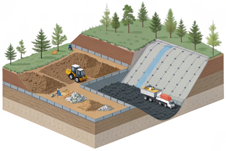 An animated diagram showing the four functions of a geotextile in a landfill: protection, filtration, separation, and drainage