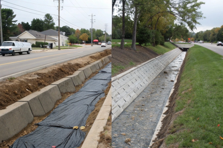 A split image showing a vertical geotextile installation on a retaining wall and a horizontal installation under a sports field