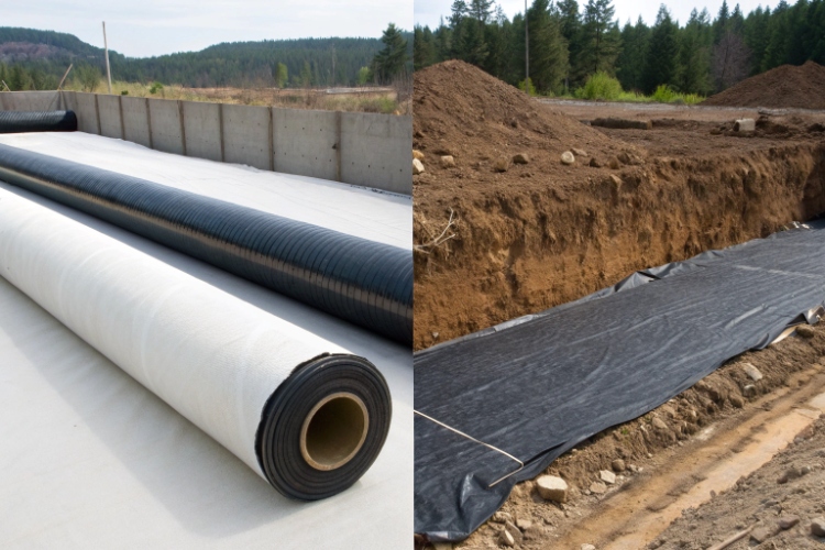 rolls of HDPE geomembrane, GCL, and geotextile at a landfill construction site