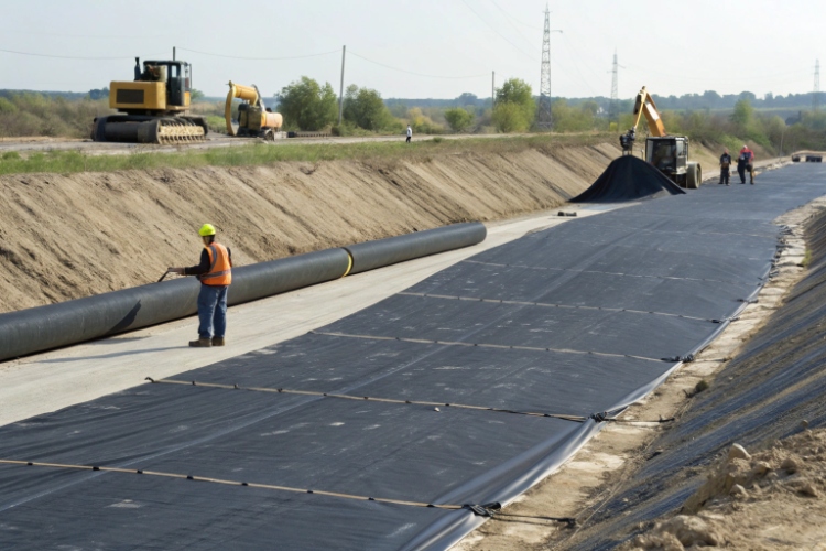 A graph showing pavement deformation over time, comparing a road with a geomembrane to one without