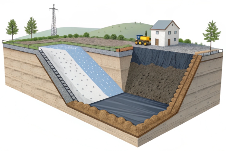 An illustration comparing the solid structure of HDPE plastic with the fabric and bentonite clay layers of a GCL