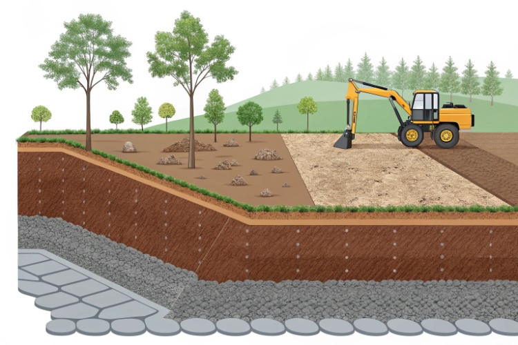 A photo of a construction site with perfect, compacted granular soil, looking solid and dry