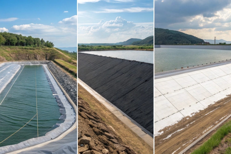 An image of a large, pristine reservoir lined with HDPE geomembrane, with a soil cover on the slopes, signifying a long-term, stable installation