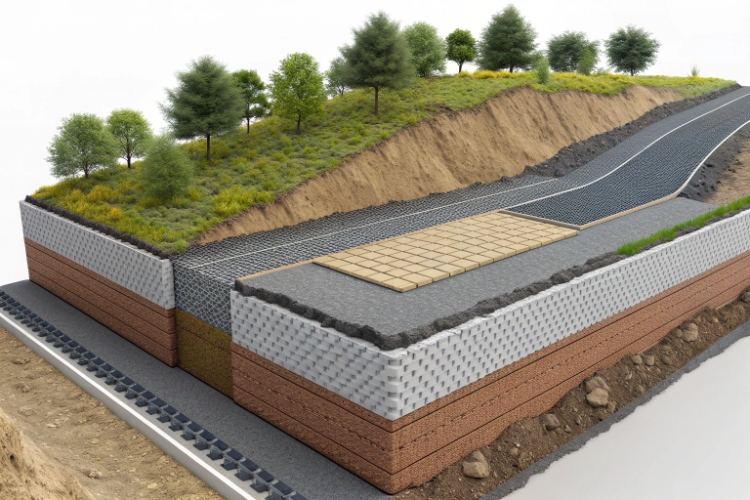 A photo of a large embankment on a highway project reinforced with layers of woven geotextile