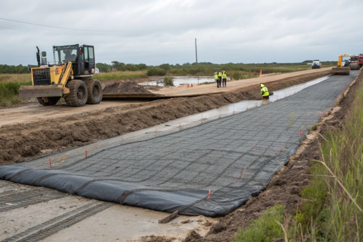 An image showing a thick, heavy-duty woven geotextile being unrolled by heavy machinery on a construction site for a road base