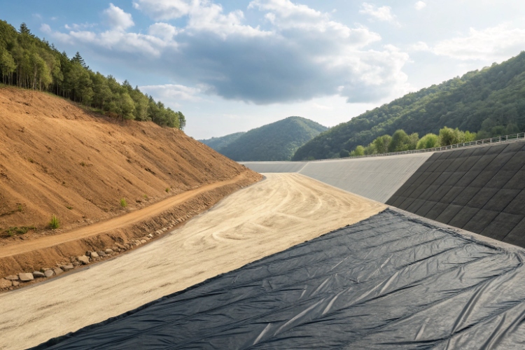 A side-by-side comparison showing the reflective surface of a smooth geomembrane and the matte, rough surface of a textured geomembrane