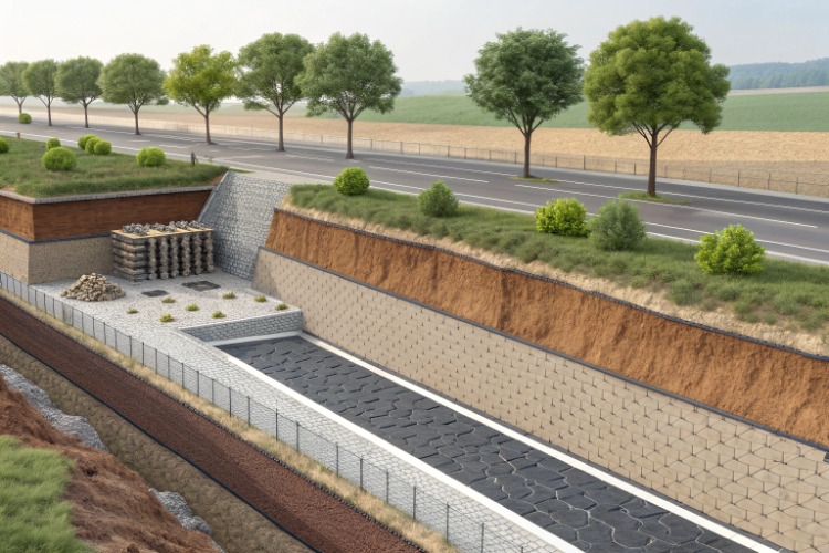 A construction worker rolling out geotextile fabric on a prepared soil subgrade for a new road