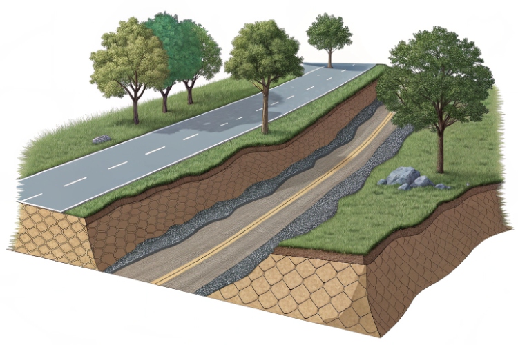 A diagram comparing an unreinforced slope with a clear failure plane to a reinforced slope where the geotextile redirects the failure plane