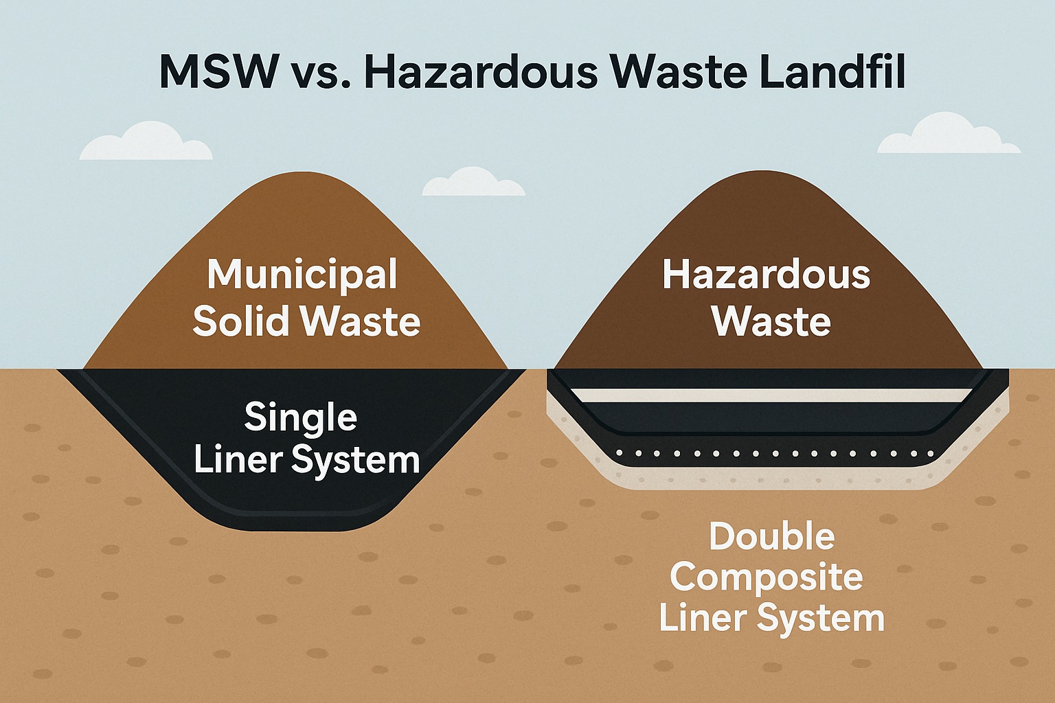 A detailed diagram comparing a single composite liner for MSW landfills with a mandatory double composite liner for Hazardous Waste landfills