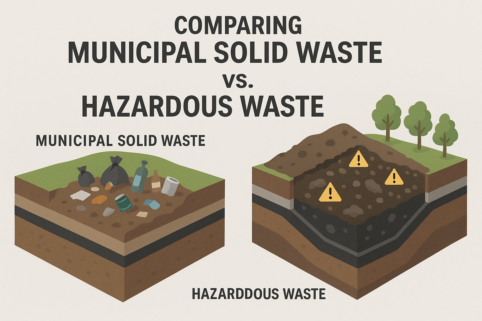 A split image showing a domestic garbage truck at an MSW landfill and a transport vehicle with hazard placards at a Hazardous Waste landfill